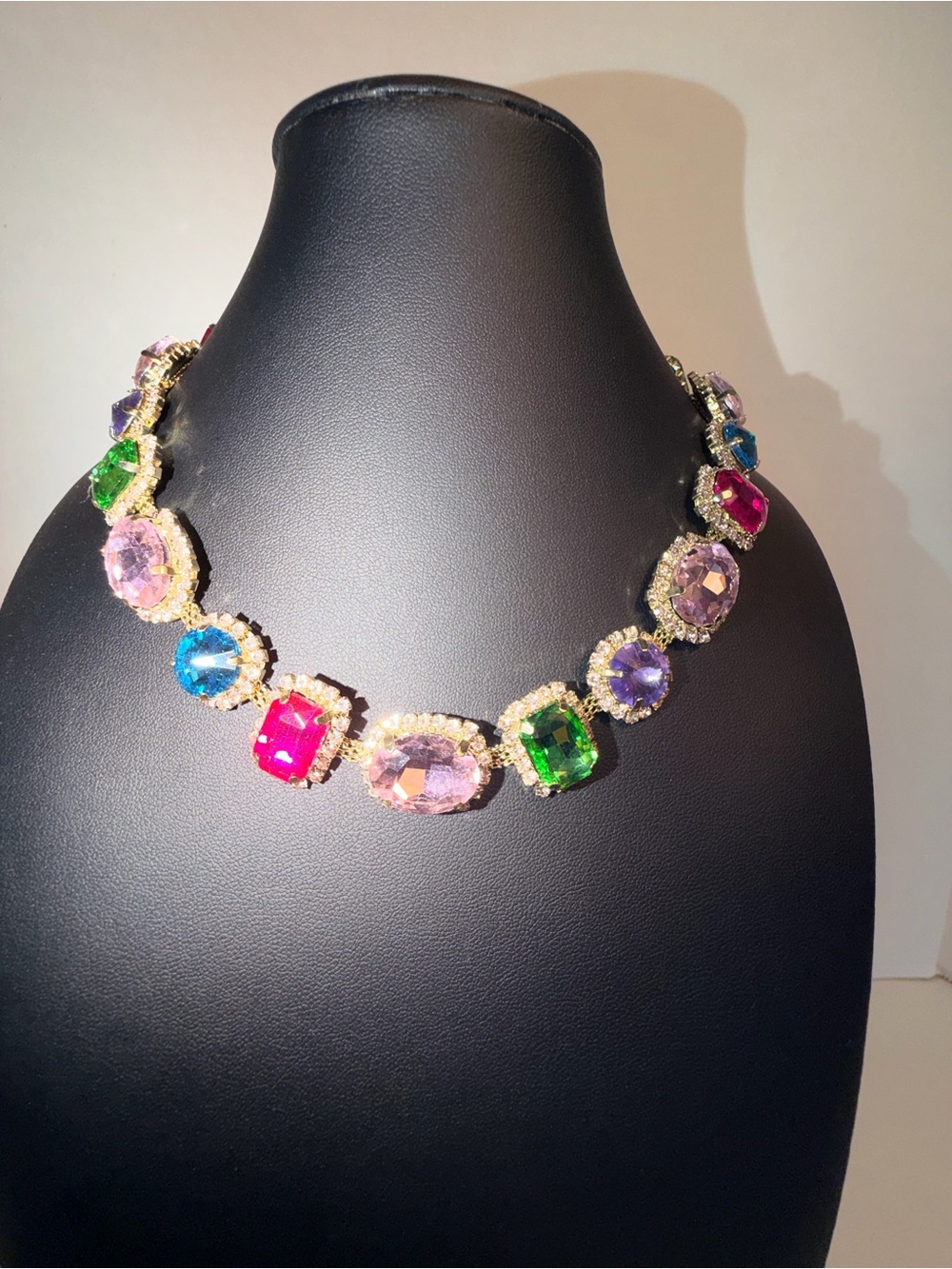 Eye Candy Gold Tone Pink, Blue, Green & Purple Faceted Crystal And Pave Necklace - Picture 6 of 10
